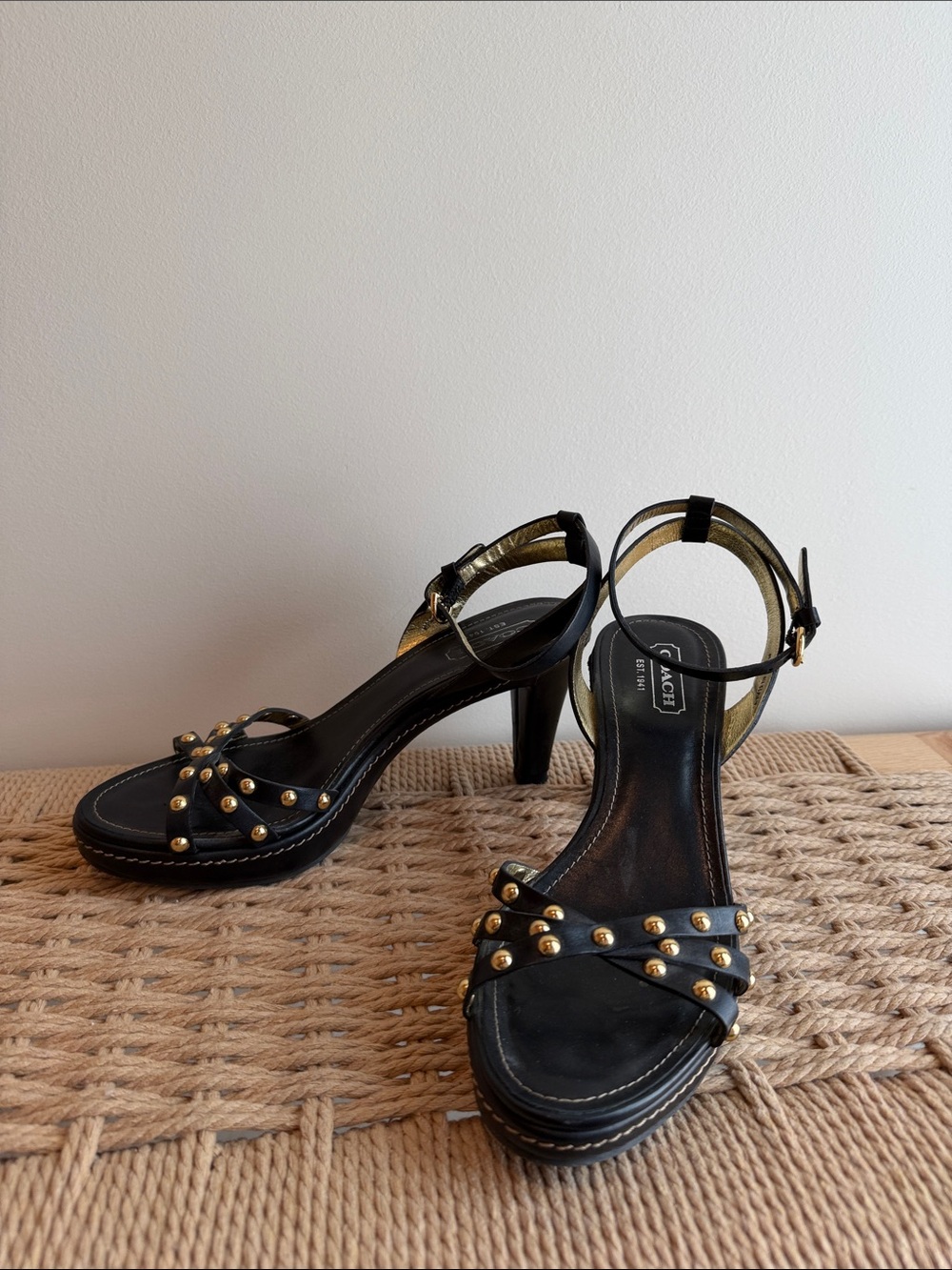 Coach Black Leather Studded Ankle-Strap Heels 7 Roxie Made in Italy